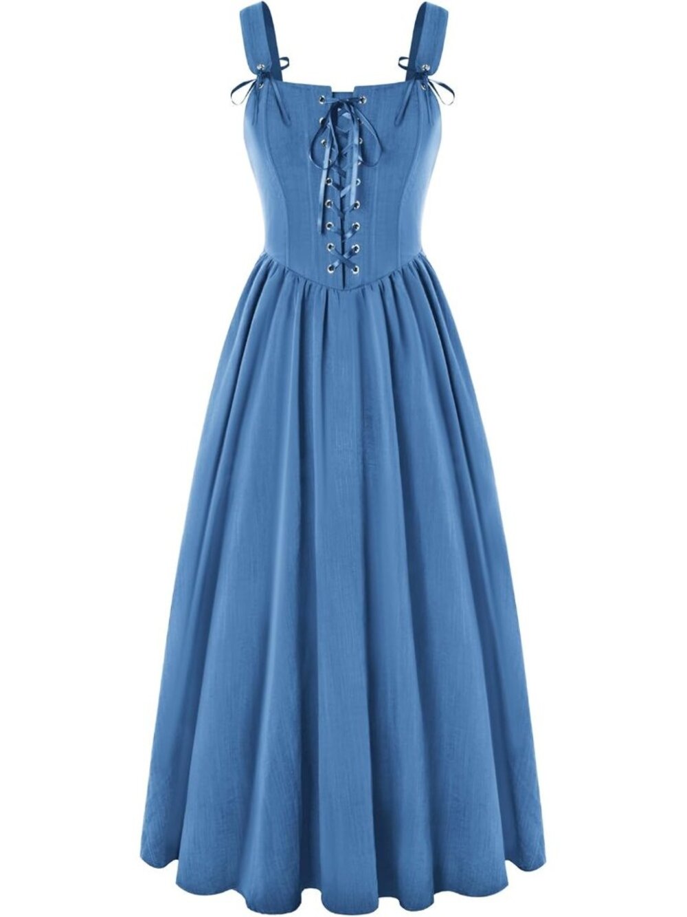 Women's Blue Cottage Core Long Sleeveless Lace Up Imported Costume Dress